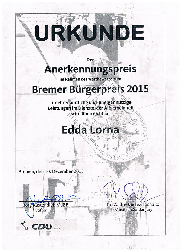 Urkunde Bremer Bürgerpreis 2015 | Edda Lorna